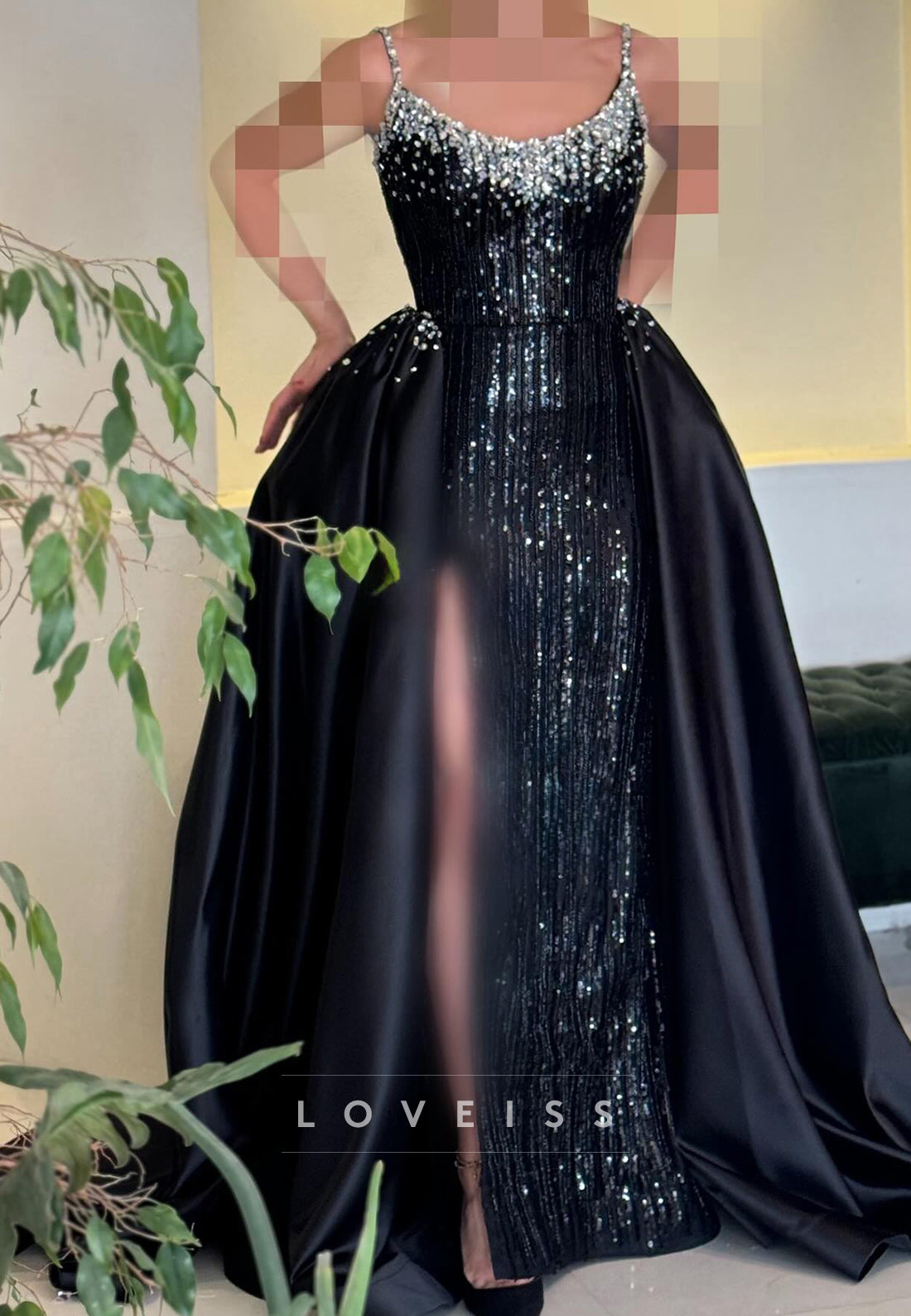 Scoop Spaghetti Straps Beaded Embroidery Sparkly Sheath Prom Dress