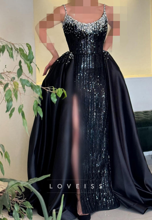 Scoop Spaghetti Straps Beaded Embroidery Sparkly Sheath Prom Dress