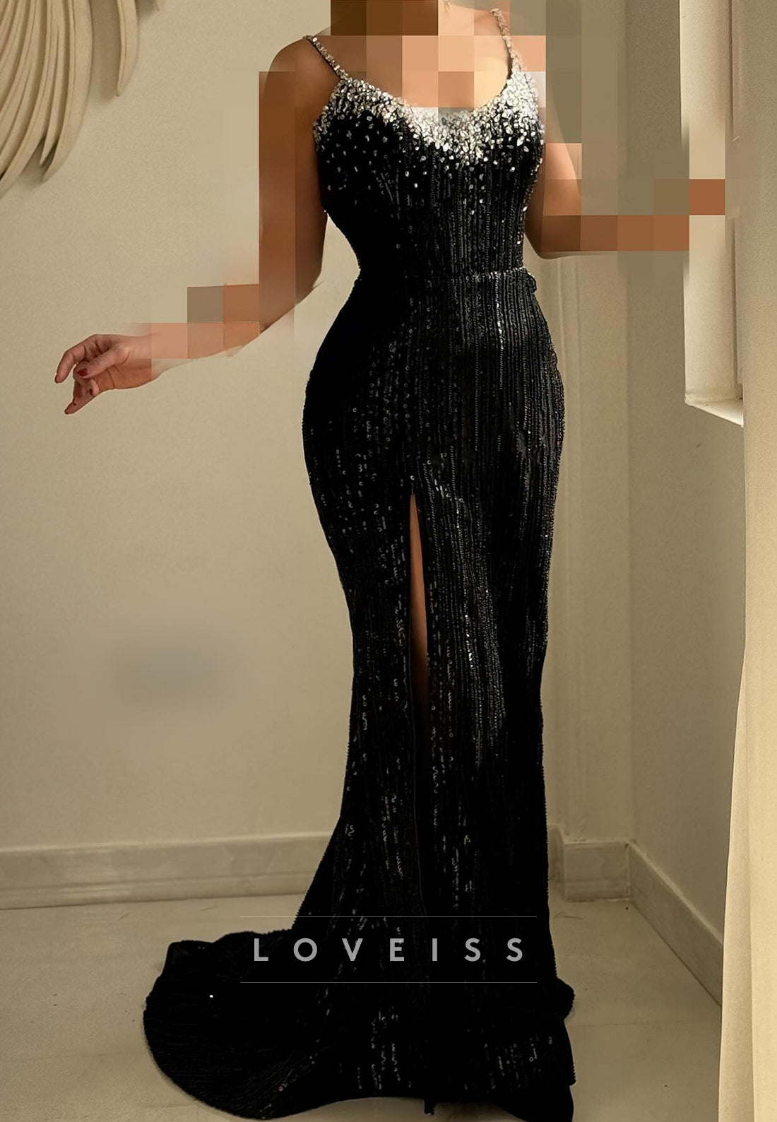 Scoop Spaghetti Straps Beaded Embroidery Sparkly Sheath Prom Dress