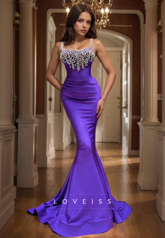 Scoop Spaghetti Straps Beaded Mermaid Prom Dress