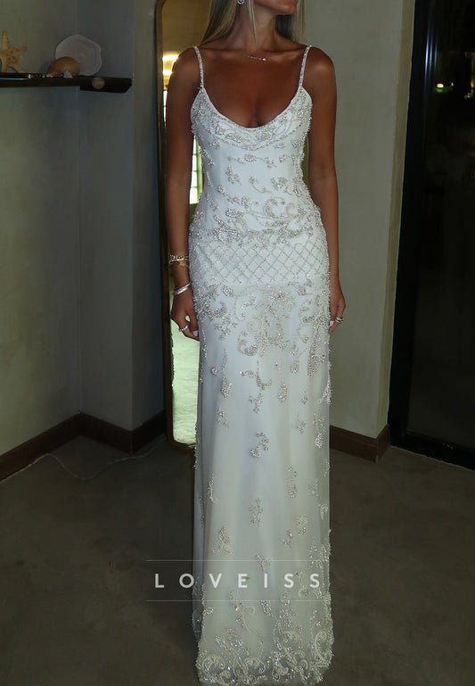 Scoop Spaghetti Straps Beaded Sheath Prom Dress