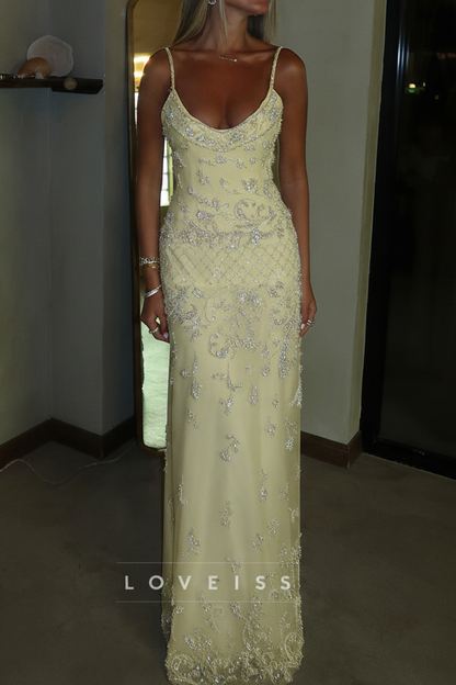 Scoop Spaghetti Straps Beaded Sheath Prom Dress