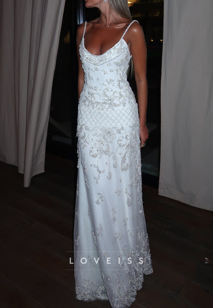 Scoop Spaghetti Straps Beaded Sheath Prom Dress