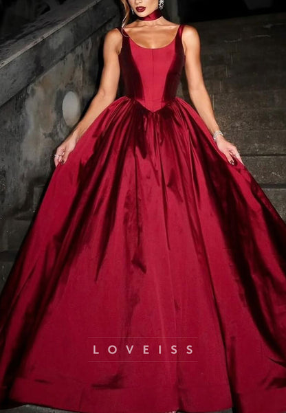 Scoop Spaghetti Straps Pleated Prom Dress A-Line Evening Dress