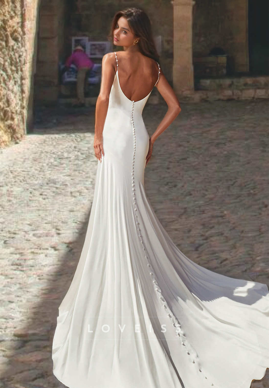 Scoop Spaghetti Straps Sleek Mermaid Beach Wedding Dress