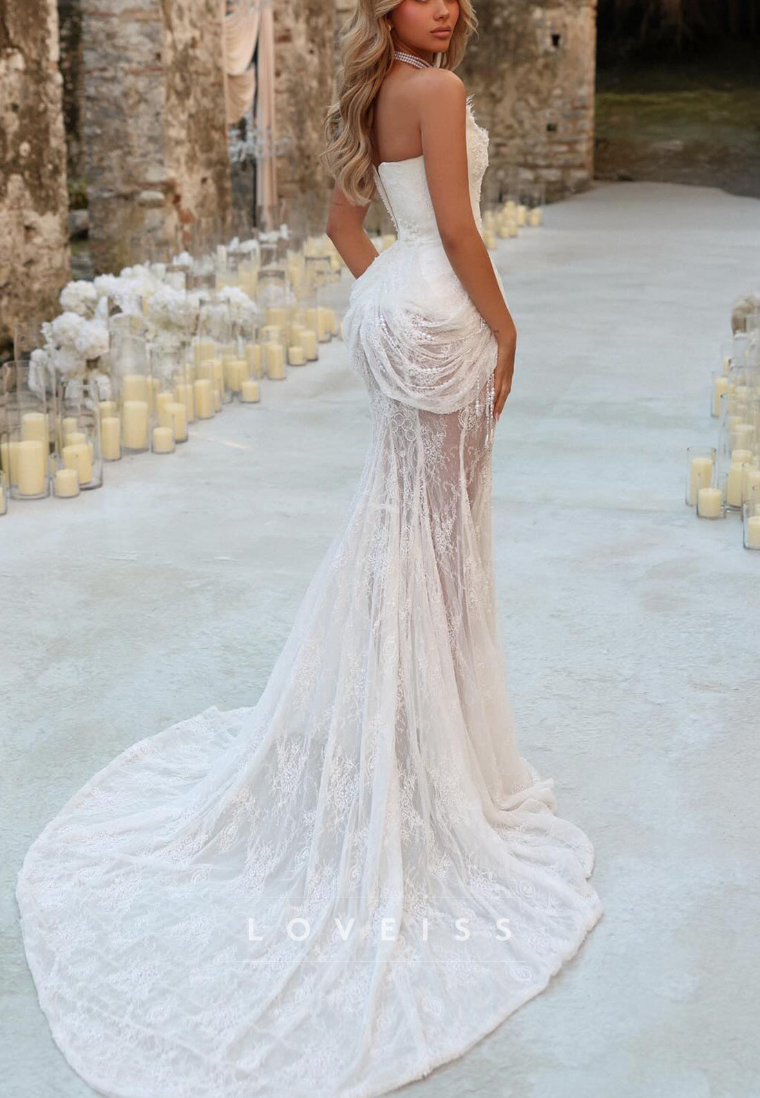 Scoop Strapless Corset Lace Appliques Mermaid Wedding Dress