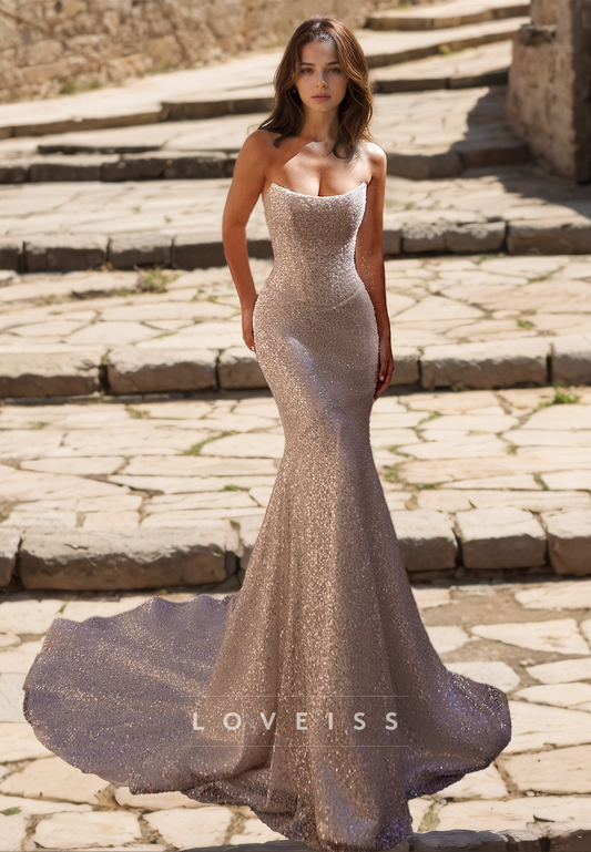 Scoop Strapless Sleeveless Sparkly Mermaid Wedding Dress