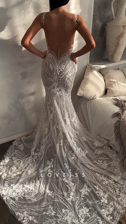 Scoop Straps Appliques Mermaid Wedding Dress