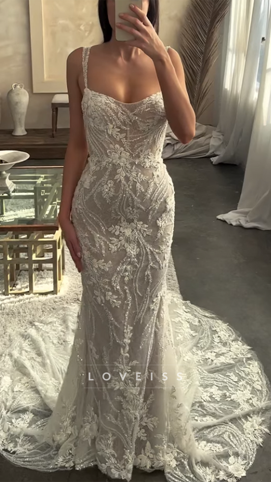 Scoop Straps Appliques Mermaid Wedding Dress