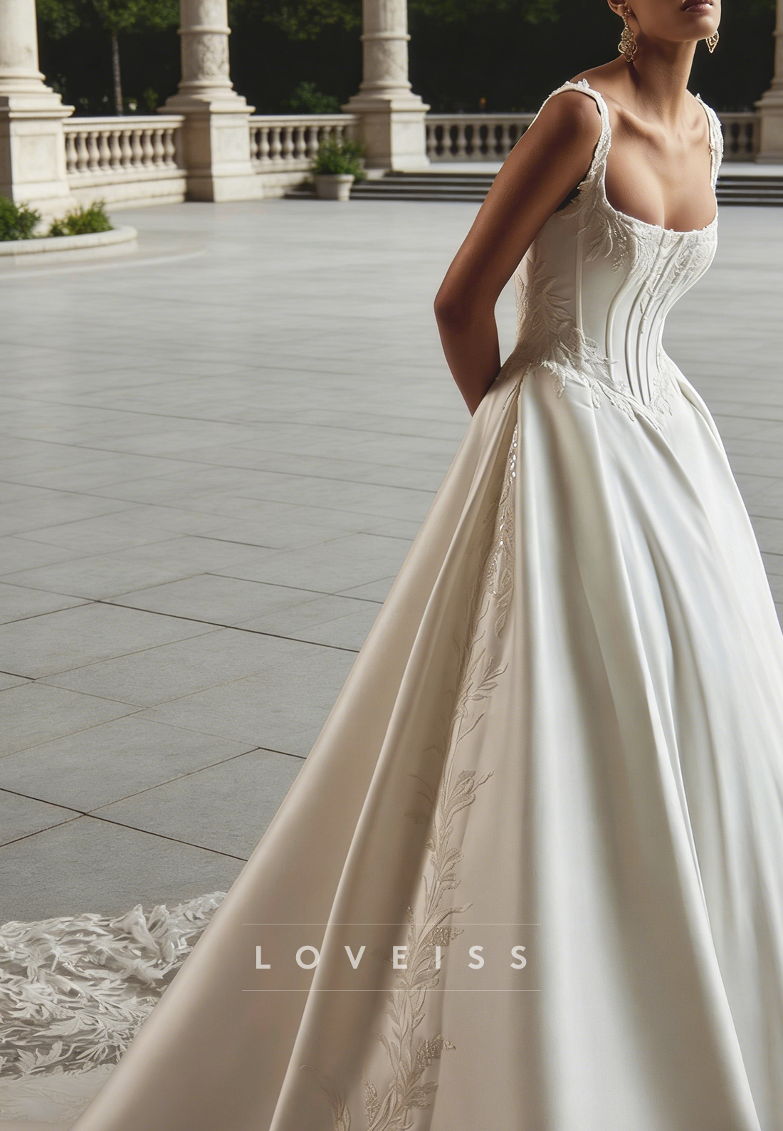 Scoop Straps Appliques Satin A-Line Wedding Dress