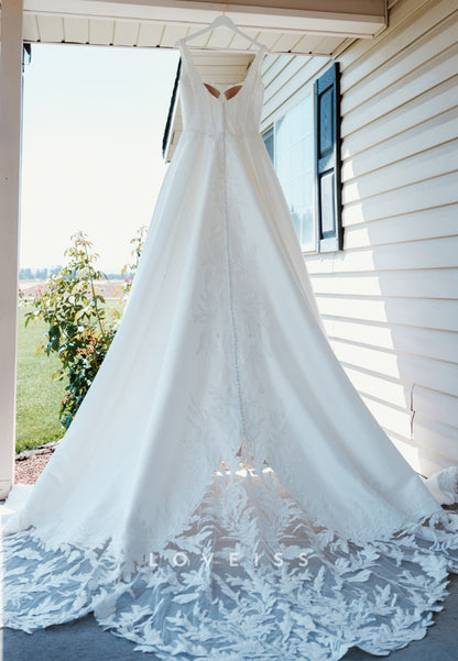 Scoop Straps Appliques Satin A-Line Wedding Dress