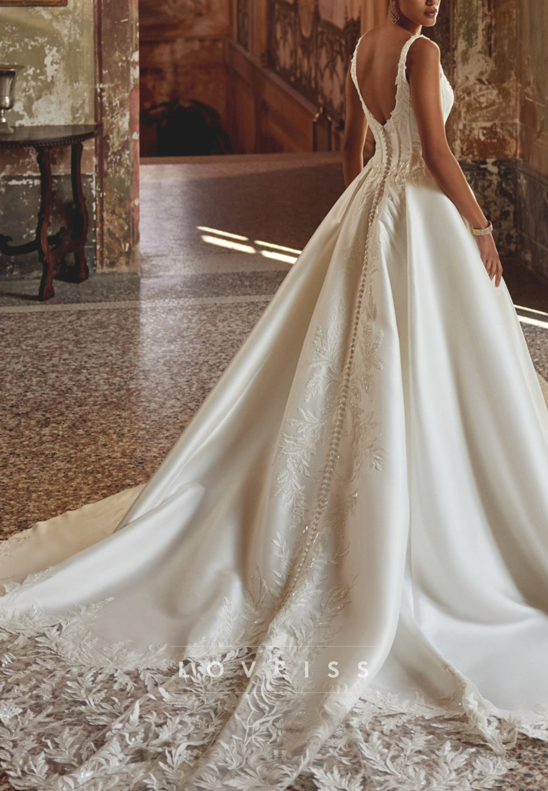 Scoop Straps Appliques Satin A-Line Wedding Dress