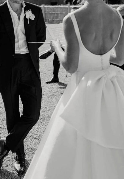 Scoop Straps Backless Bowknot Sleek Satin A-Line Wedding Dress