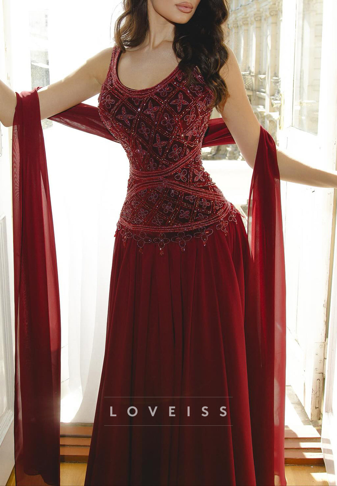 Scoop Straps Beaded A-Line Sleeveless Prom Dress