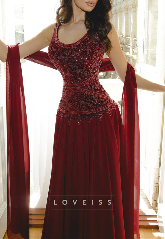 Scoop Straps Beaded A-Line Sleeveless Prom Dress