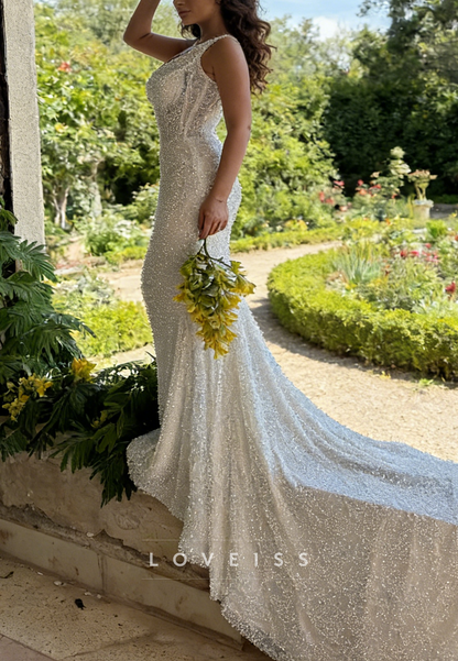 Scoop Straps Beaded Embroidery Sparkly Mermaid Wedding Dress