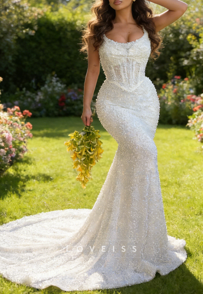 Scoop Straps Beaded Embroidery Sparkly Mermaid Wedding Dress