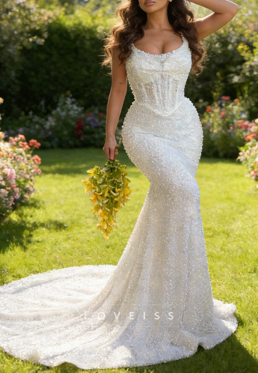 Scoop Straps Beaded Embroidery Sparkly Mermaid Wedding Dress