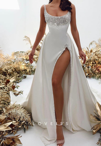 Scoop Straps Beaded High Slit Sheath Wedding Dress