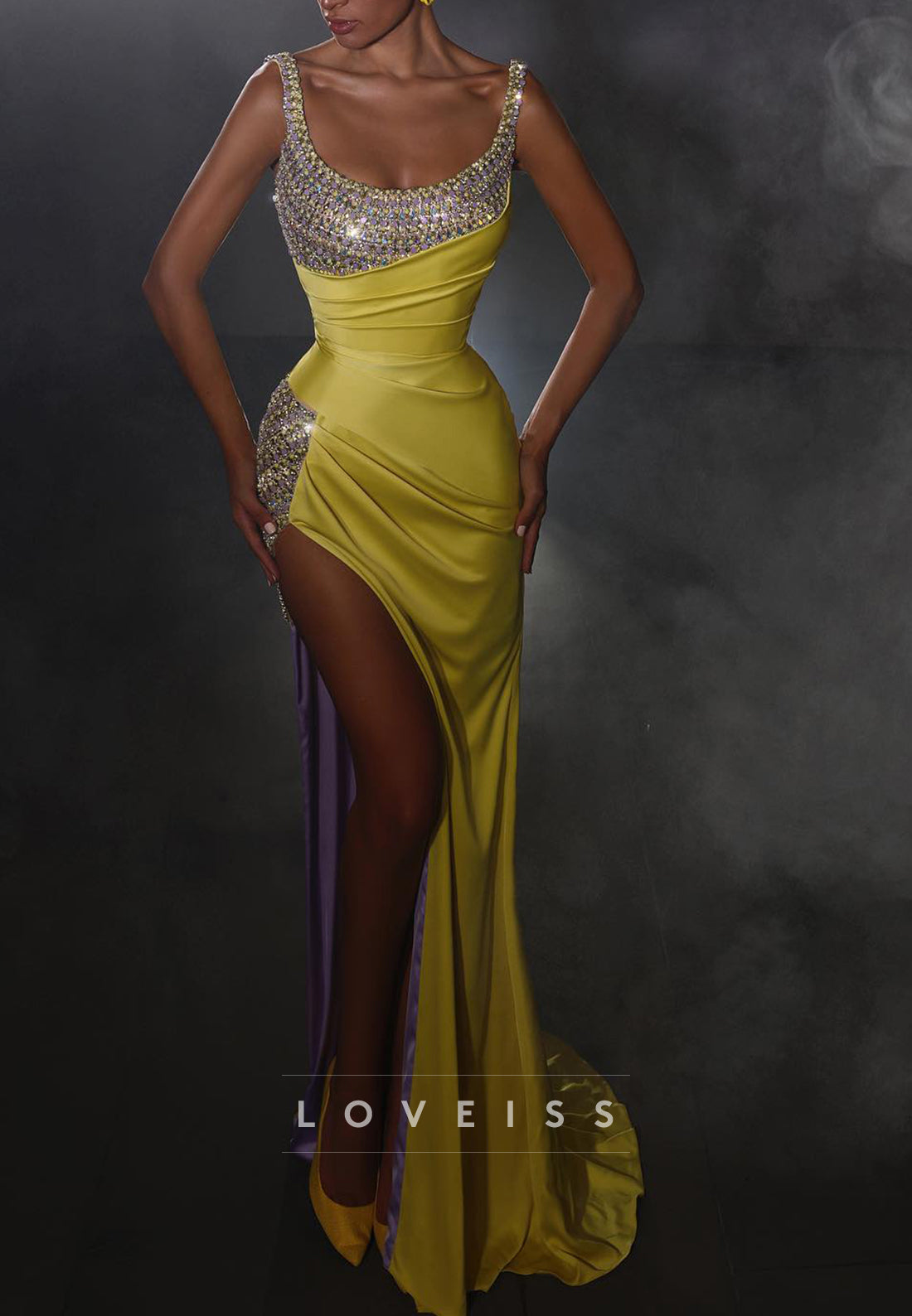 Scoop Straps Beaded Side Slit Mermaid Prom Dress