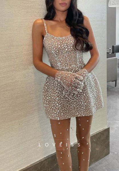 Scoop Straps Beaded Sparkly Short A-Line Party Homecoming Dress