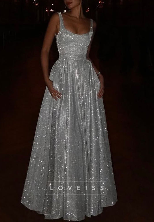Scoop Straps Evening Dress Sparkly A-Line Prom Dress