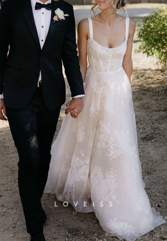 Scoop Straps Lace Appliques A-Line Boho Wedding Dress