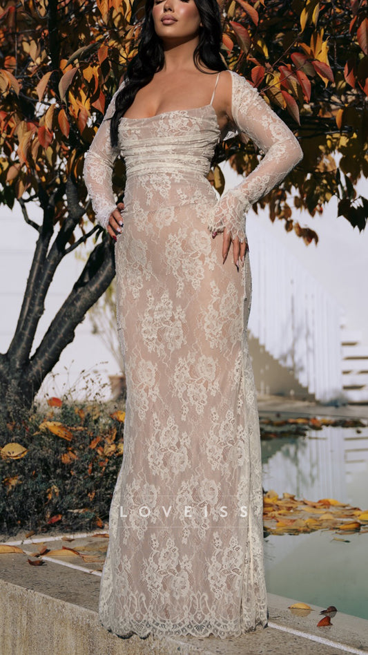 Scoop Straps Lace Long Sleeves Mermaid Wedding Dress