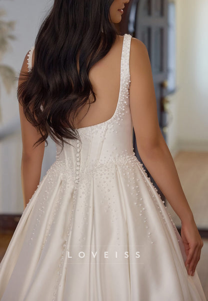 Scoop Straps Mikado Satin Beaded A-Line Wedding Dress