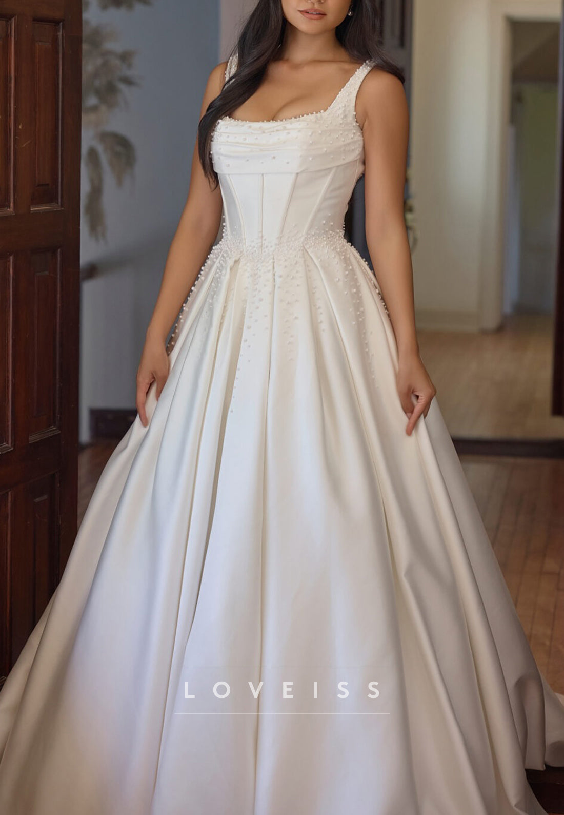 Scoop Straps Mikado Satin Beaded A-Line Wedding Dress