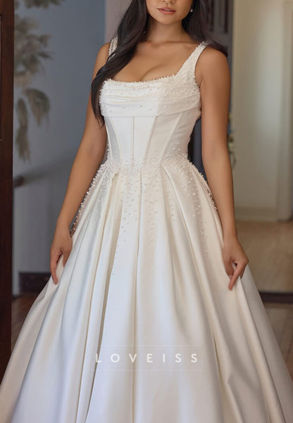 Scoop Straps Mikado Satin Beaded A-Line Wedding Dress