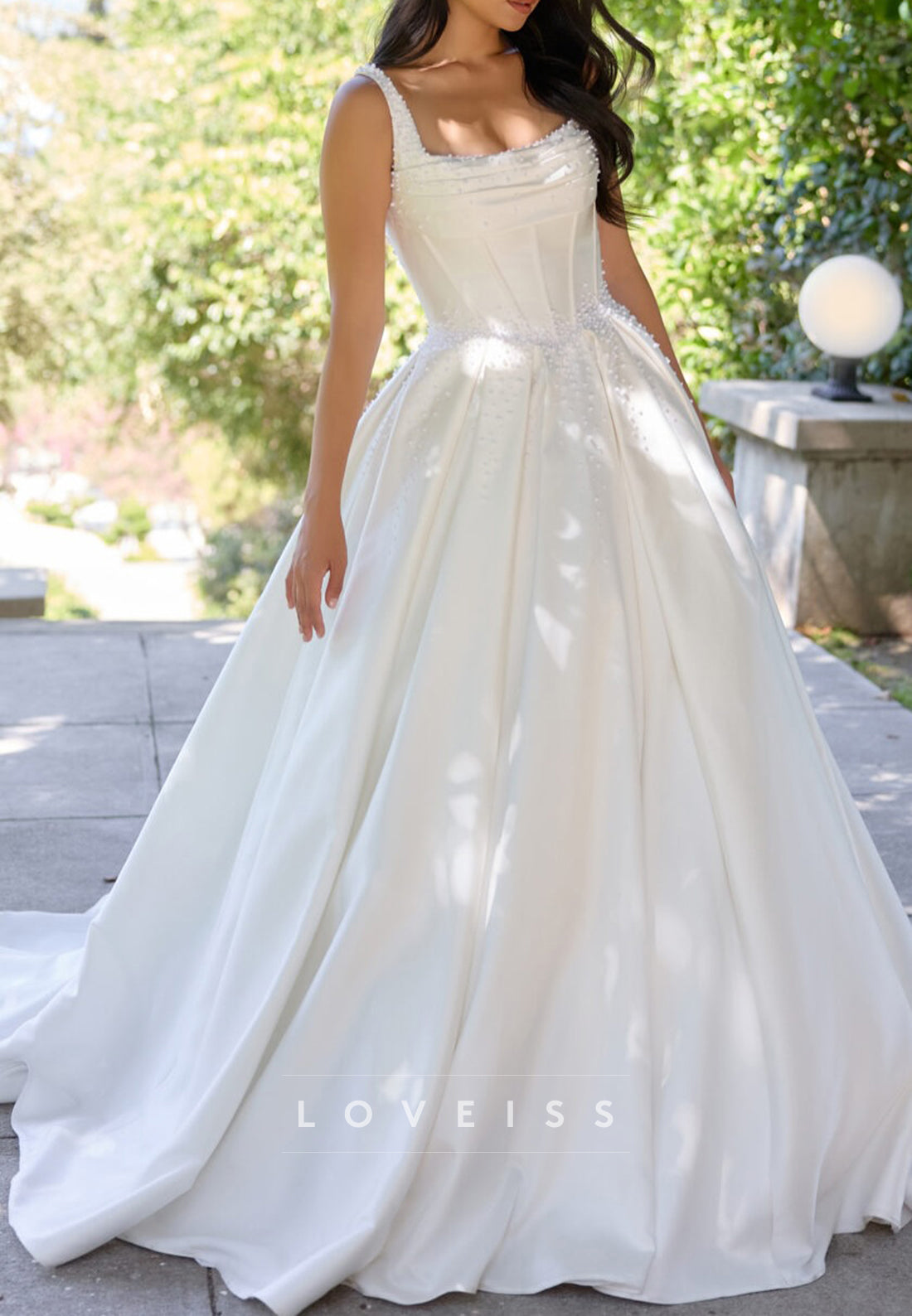 Scoop Straps Mikado Satin Beaded A-Line Wedding Dress
