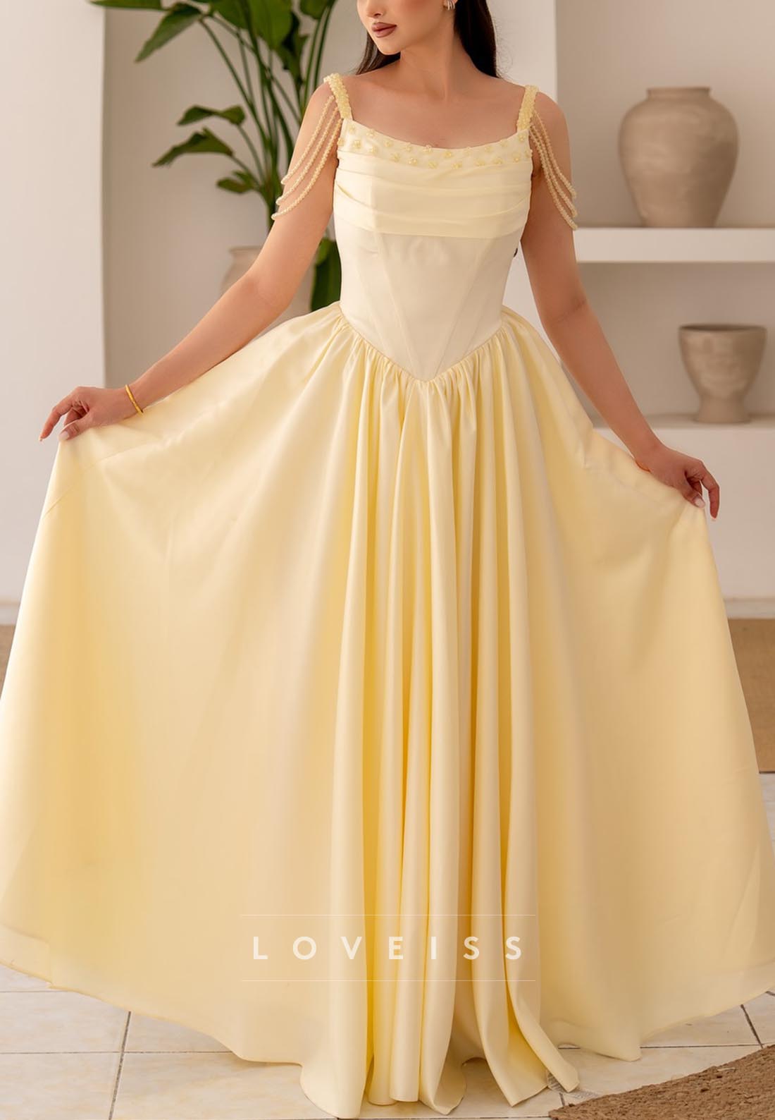 Scoop Straps Pleated Beading A-Line Formal Dress