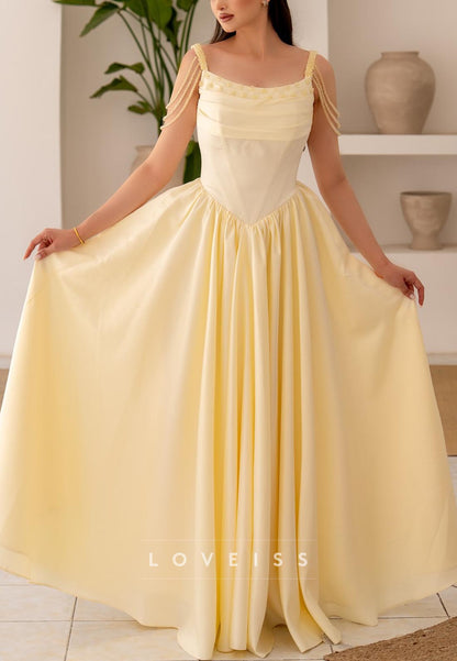 Scoop Straps Pleated Beading A-Line Formal Dress