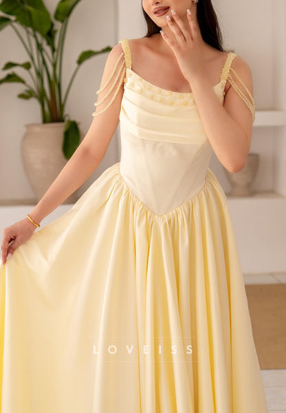 Scoop Straps Pleated Beading A-Line Formal Dress