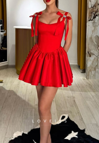 Scoop Straps Pleated Bowknots Party A-Line Homecoming Dress
