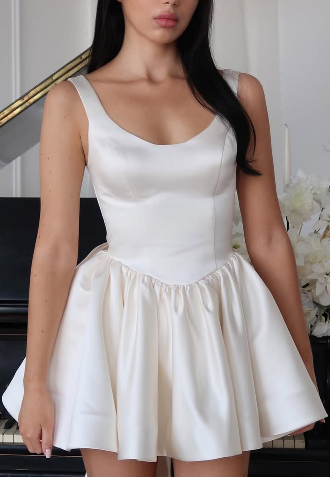 Scoop Straps Pleated Satin Short A-Line Beach Wedding Dress