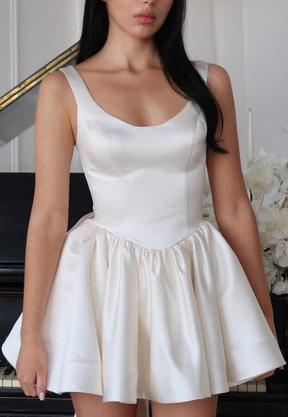 Scoop Straps Pleated Satin Short A-Line Beach Wedding Dress