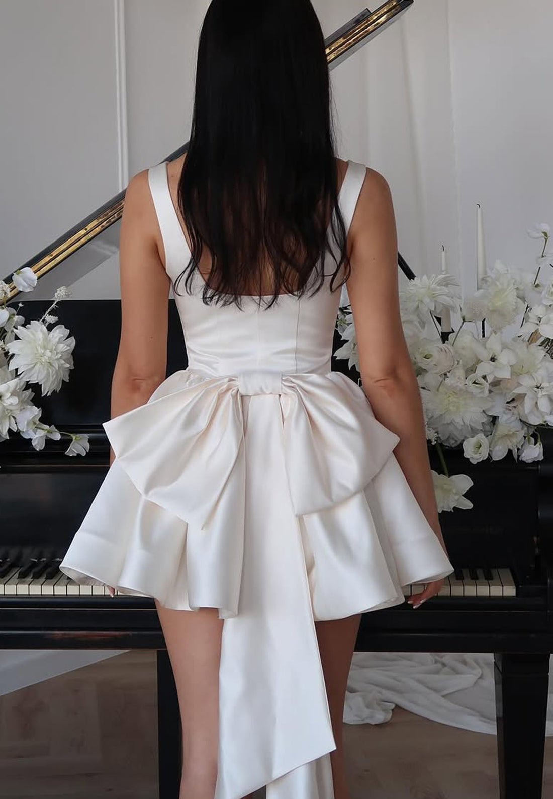 Scoop Straps Pleated Satin Short A-Line Beach Wedding Dress