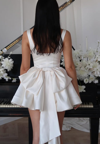 Scoop Straps Pleated Satin Short A-Line Beach Wedding Dress