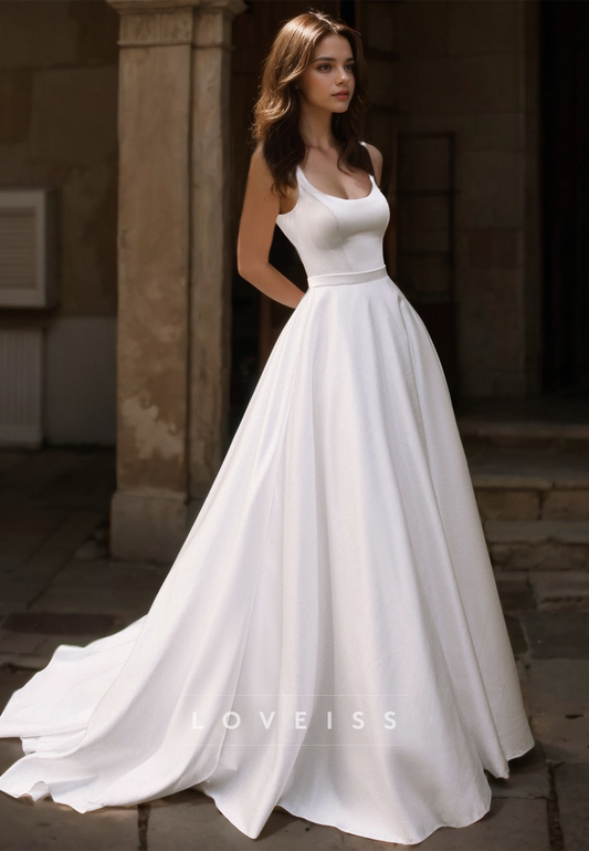 Scoop Straps Pleated Sleek Satin A-Line Wedding Dress