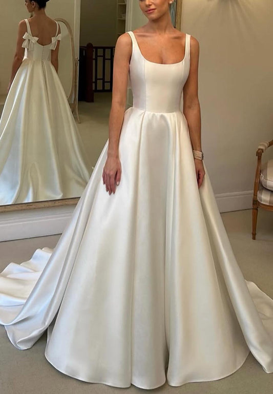 Scoop Straps Pleated Sleek Satin Simple A-Line Wedding Dress