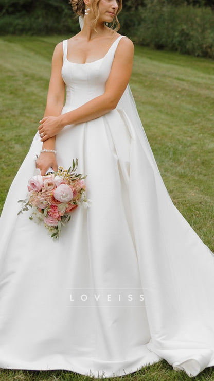 Scoop Straps Satin A-Line Simple Wedding Dress