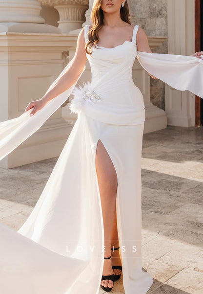 Scoop Straps Side Slit Sheath Beach Wedding Dress