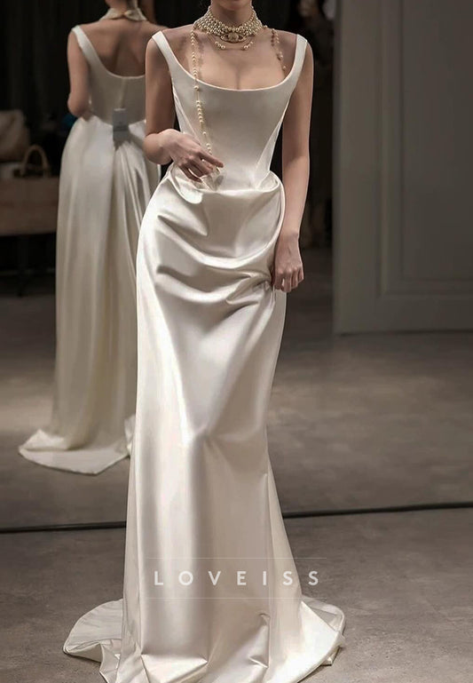 Scoop Straps Sleek Ruched Sheath Wedding Dress