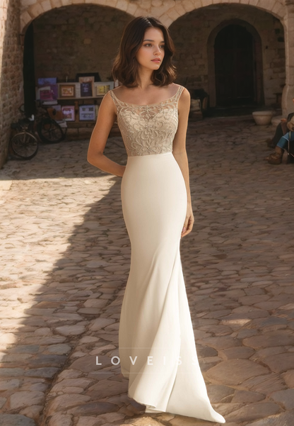 Scoop Straps Sleeveless Appliques Mermaid Wedding Dress