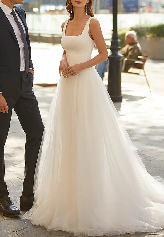 Scoop Straps Tulle A-Line Simple Wedding Dress