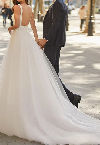 Scoop Straps Tulle A-Line Simple Wedding Dress