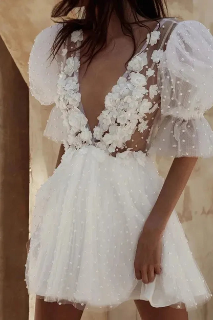 Short Wedding Dresses Plunging V-Neck Half Sleeves Pearls Flowers Mini Bride Dresses