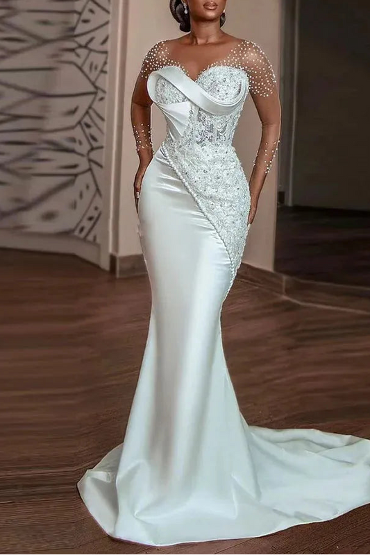 white lace mermaid wedding dresses pearls beaded sheer long sleeves bridal gowns african sweep train